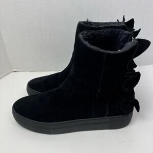 J/Slides Sz 8.5 Ruffle Back Platform Ankle Booties Black Suede Faux-fur Lined
